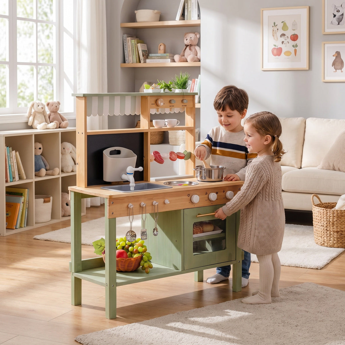 Montessori-Küche aus Holz mit Spüle, Backofen und Zubehör