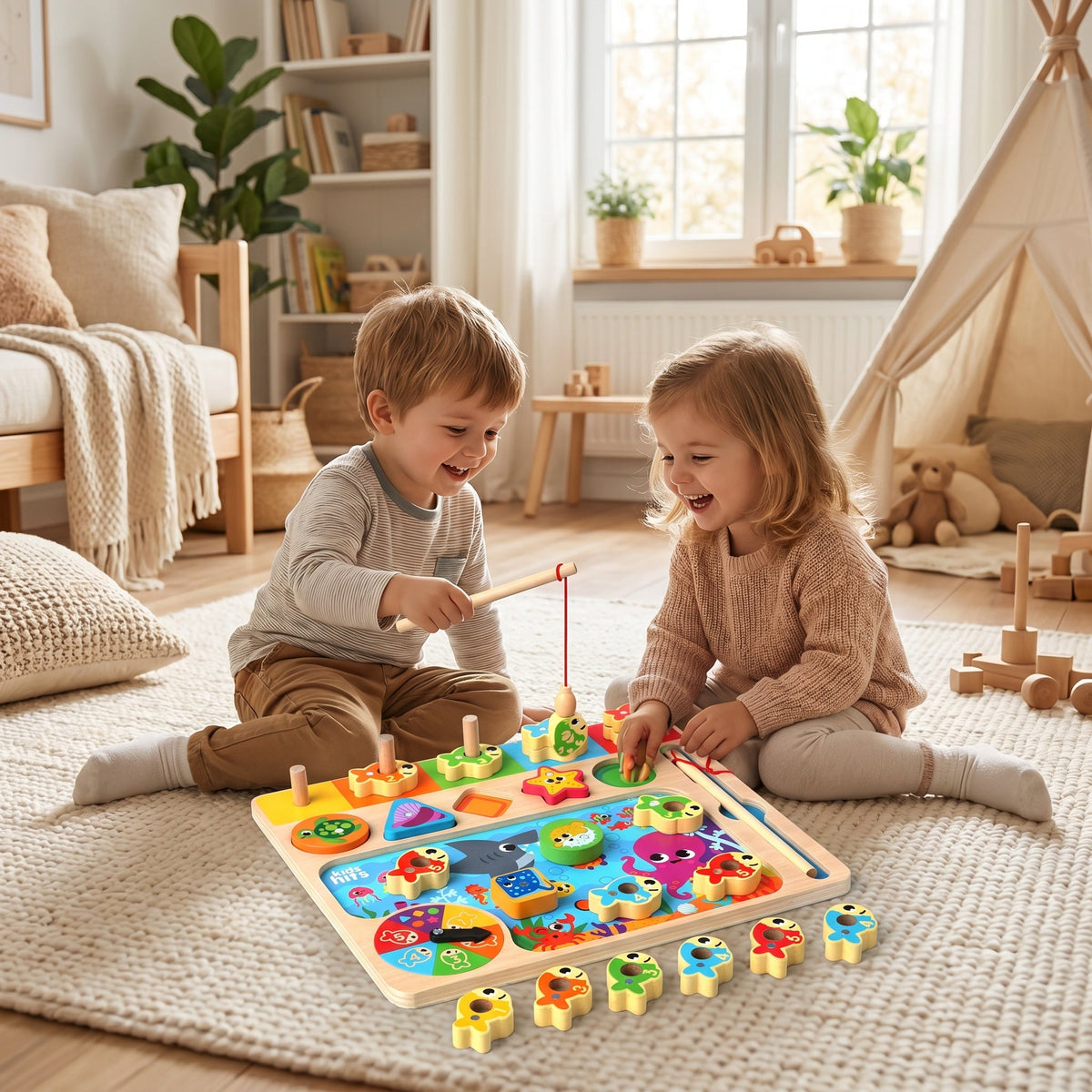 Montessori-Angelspiel aus Holz mit Farbsortierung