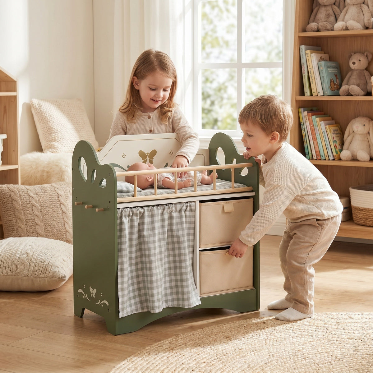 Montessori-Puppenbett mit Stauraum und Kleiderschrank