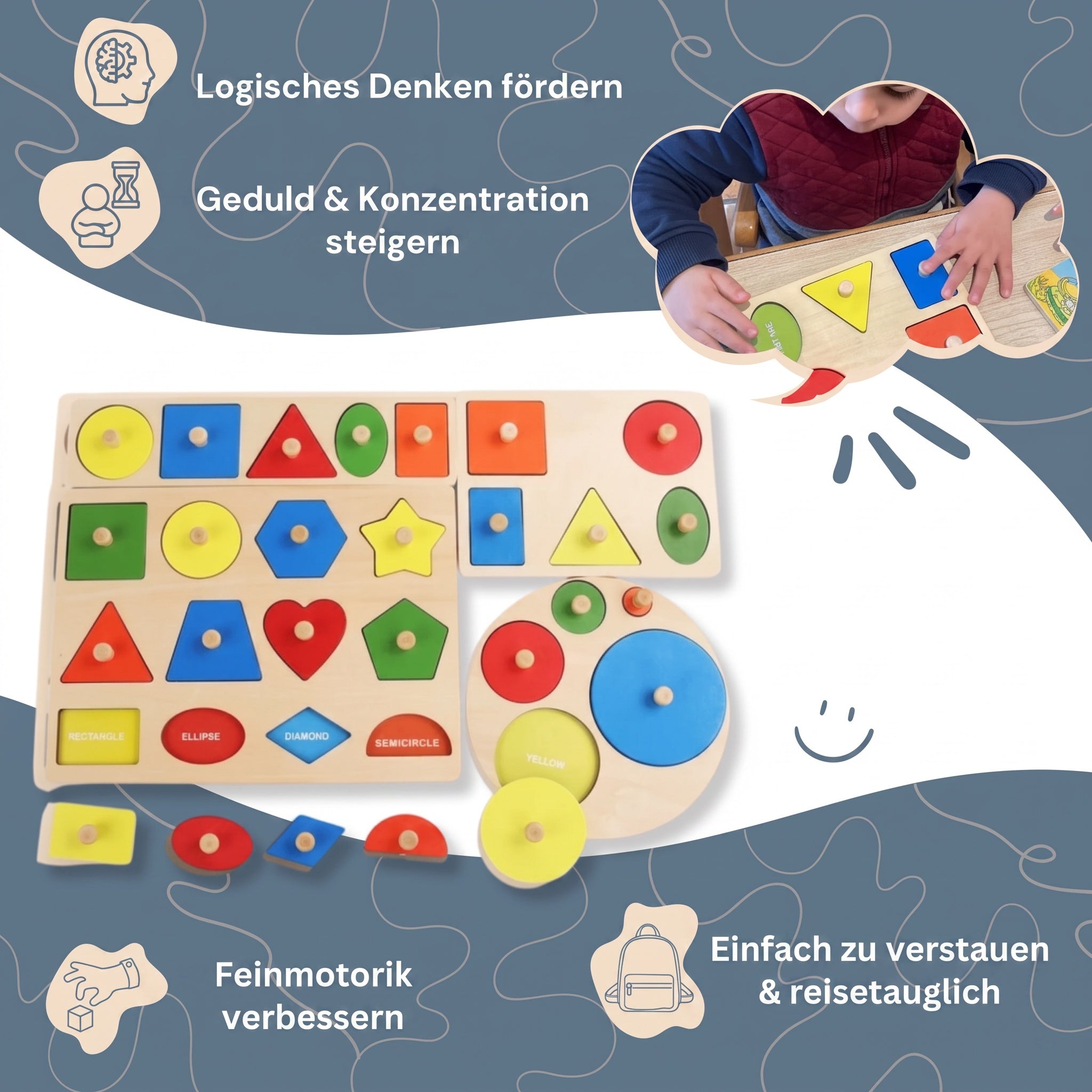 Montessori-Puzzle: Geometrische Formen und Farben