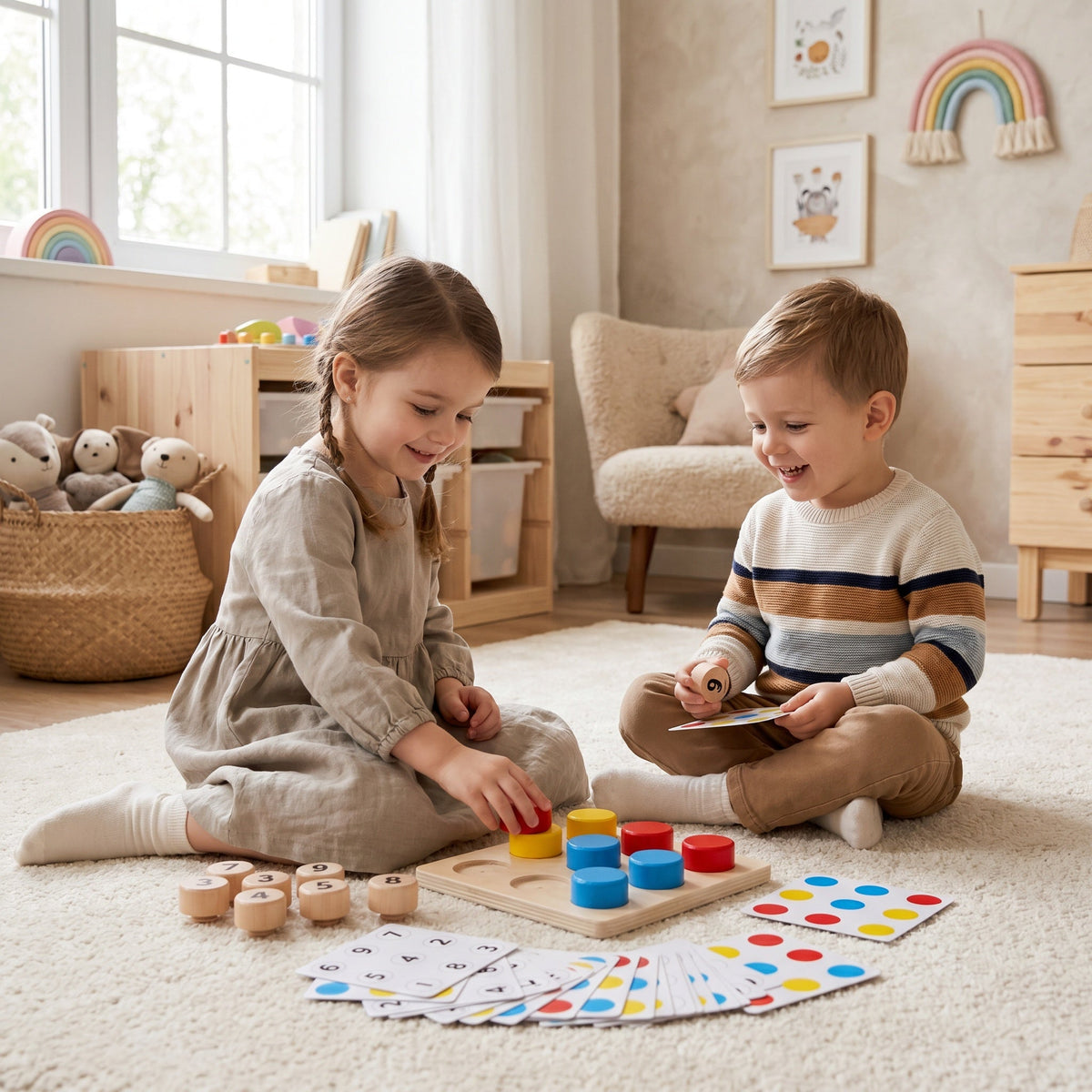 Montessori-Lernspiel zum Erlernen von Zahlen und Farben aus Holz
