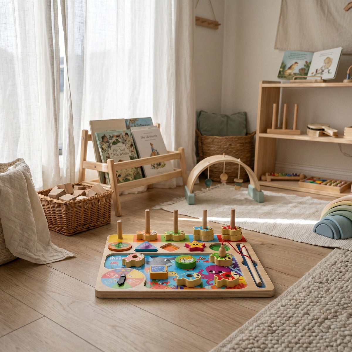 Montessori-Angelspiel aus Holz mit Farbsortierung