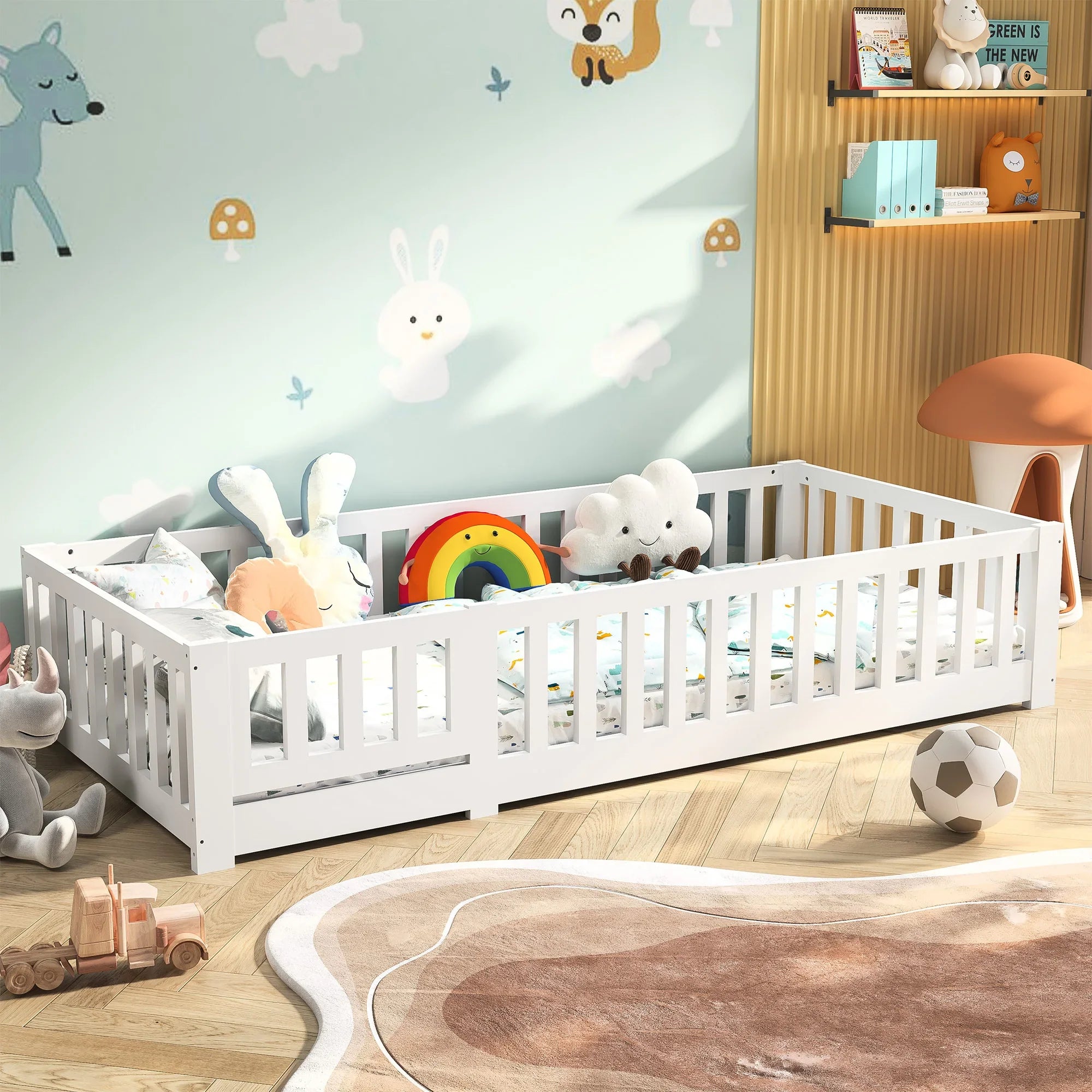 Montessori-Bodenbett aus weißem Massivholz