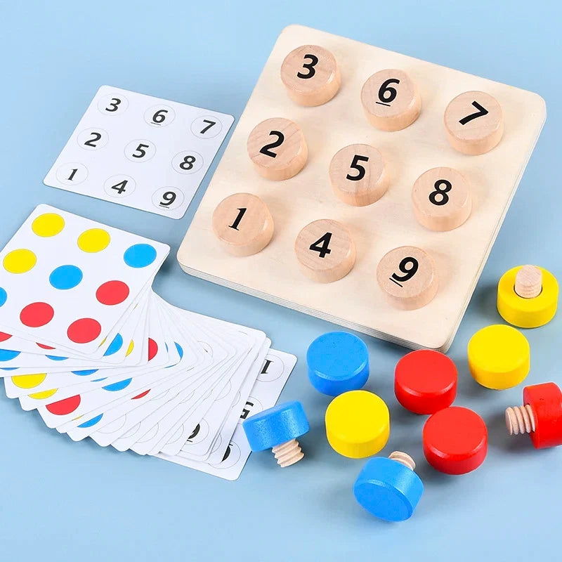 Montessori-Lernspiel zum Erlernen von Zahlen und Farben aus Holz