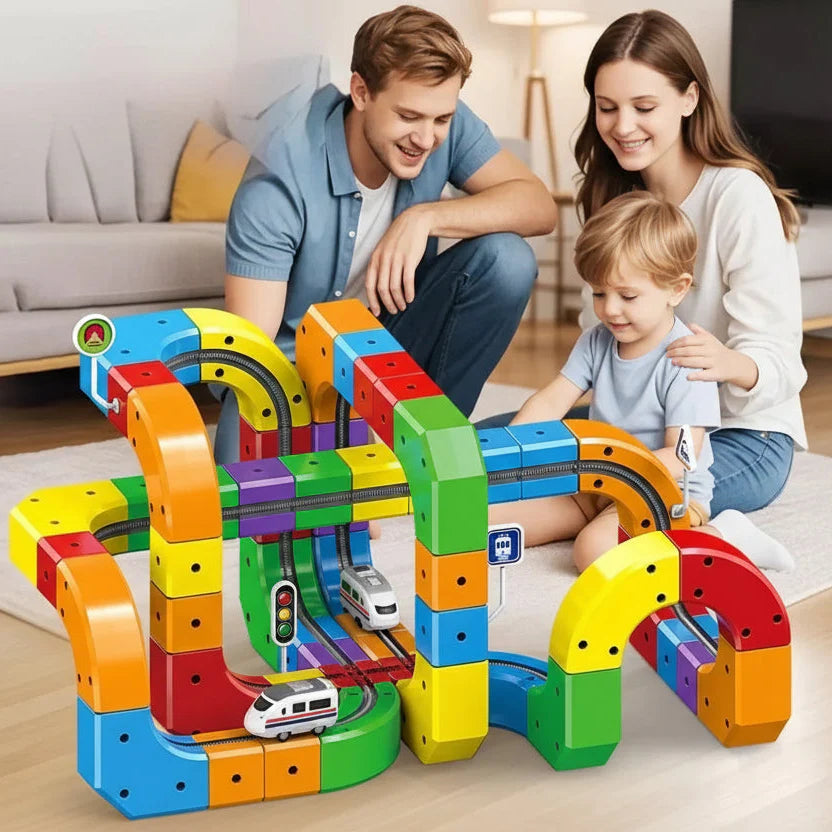 Zugstrecke mit Montessori-STEM-Bausteinen