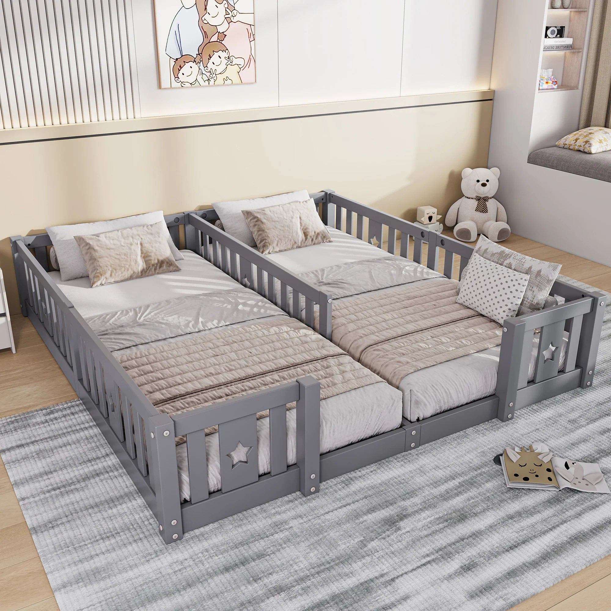 Montessori-Doppelbett zum Aufstellen auf dem Boden mit Stern-Seitengittern