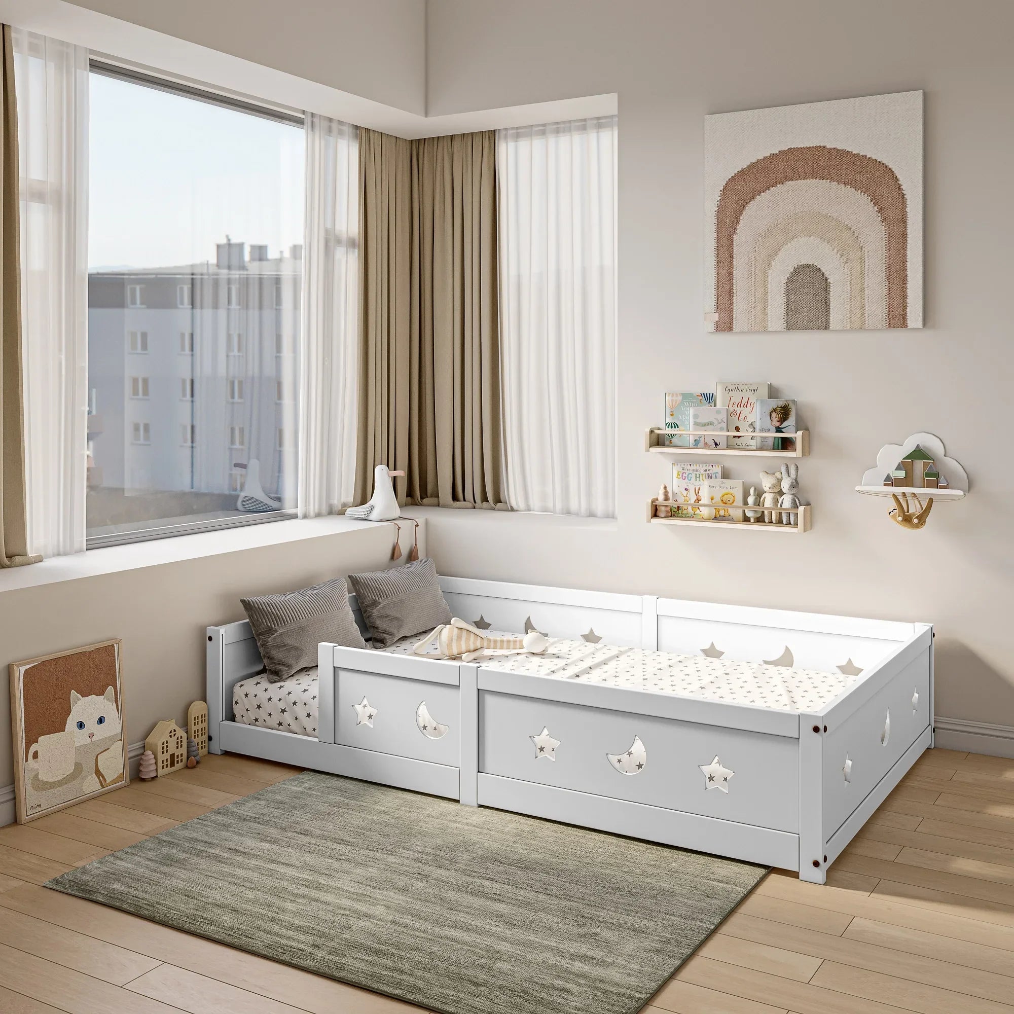 Montessori-Bodenbett mit Mond- und Sternenmotiv