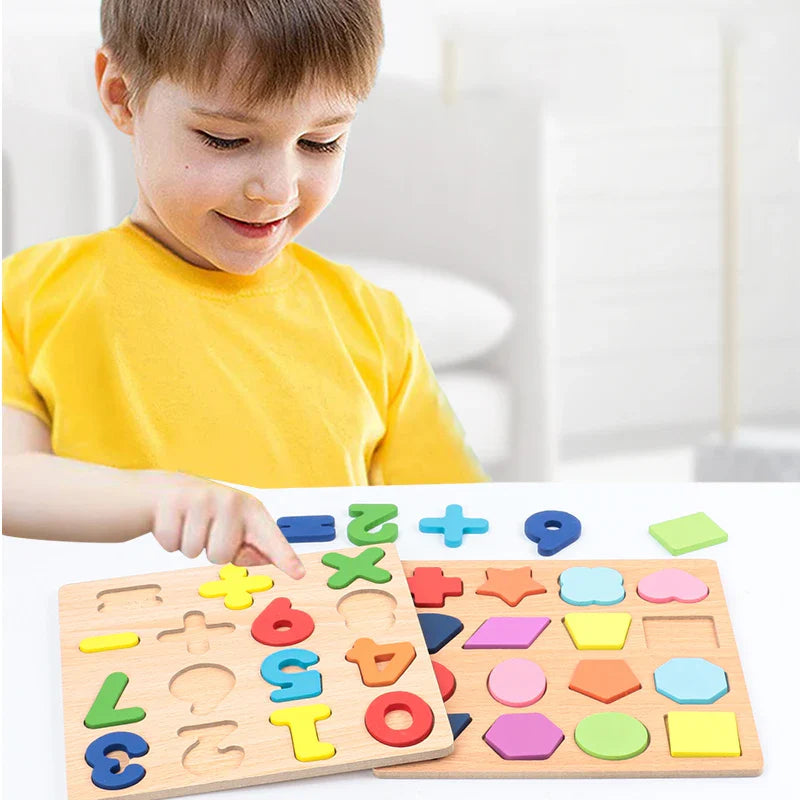 Montessori-Holzpuzzle – Buchstaben, Zahlen und Formen