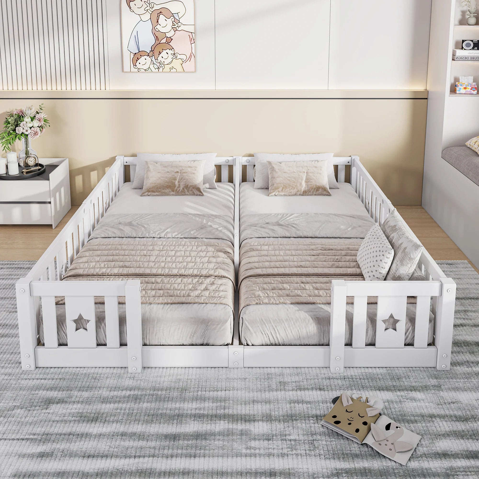Montessori-Doppelbett zum Aufstellen auf dem Boden mit Stern-Seitengittern