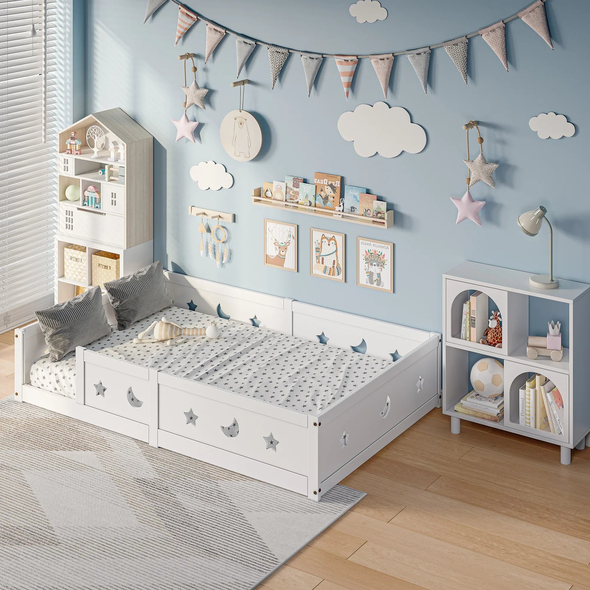 Montessori-Bodenbett mit Mond- und Sternenmotiv
