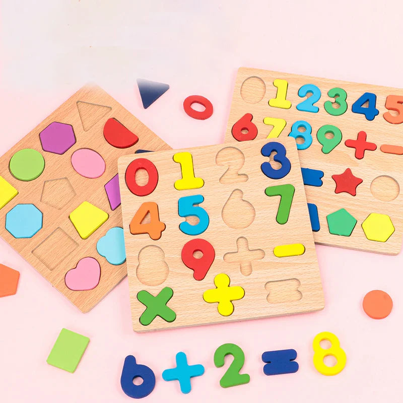 Montessori-Holzpuzzle – Buchstaben, Zahlen und Formen