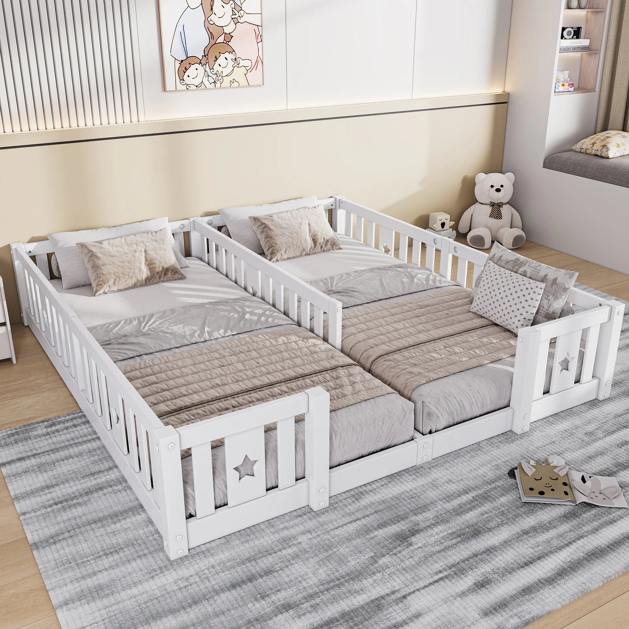 Montessori-Doppelbett zum Aufstellen auf dem Boden mit Stern-Seitengittern