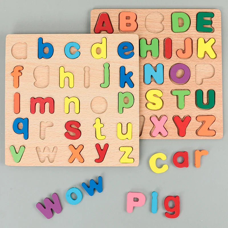 Montessori-Holzpuzzle – Buchstaben, Zahlen und Formen