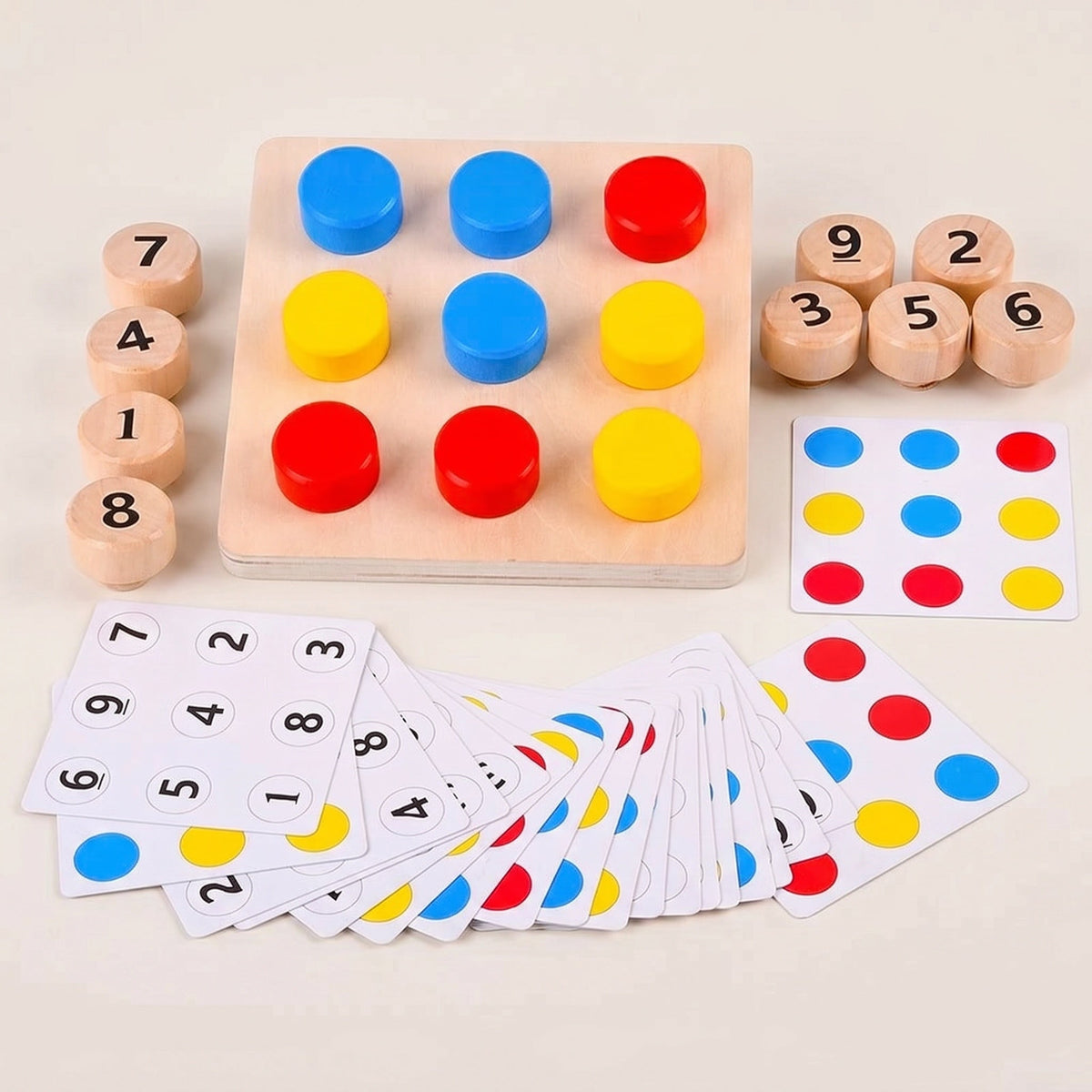 Montessori-Lernspiel zum Erlernen von Zahlen und Farben aus Holz