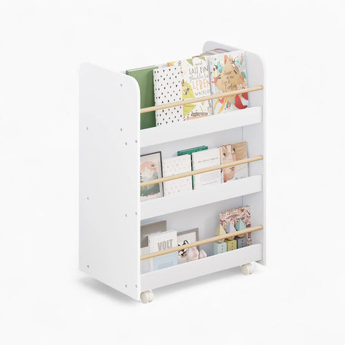 Mobile Kinderbibliothek mit Rädern und Stauraum