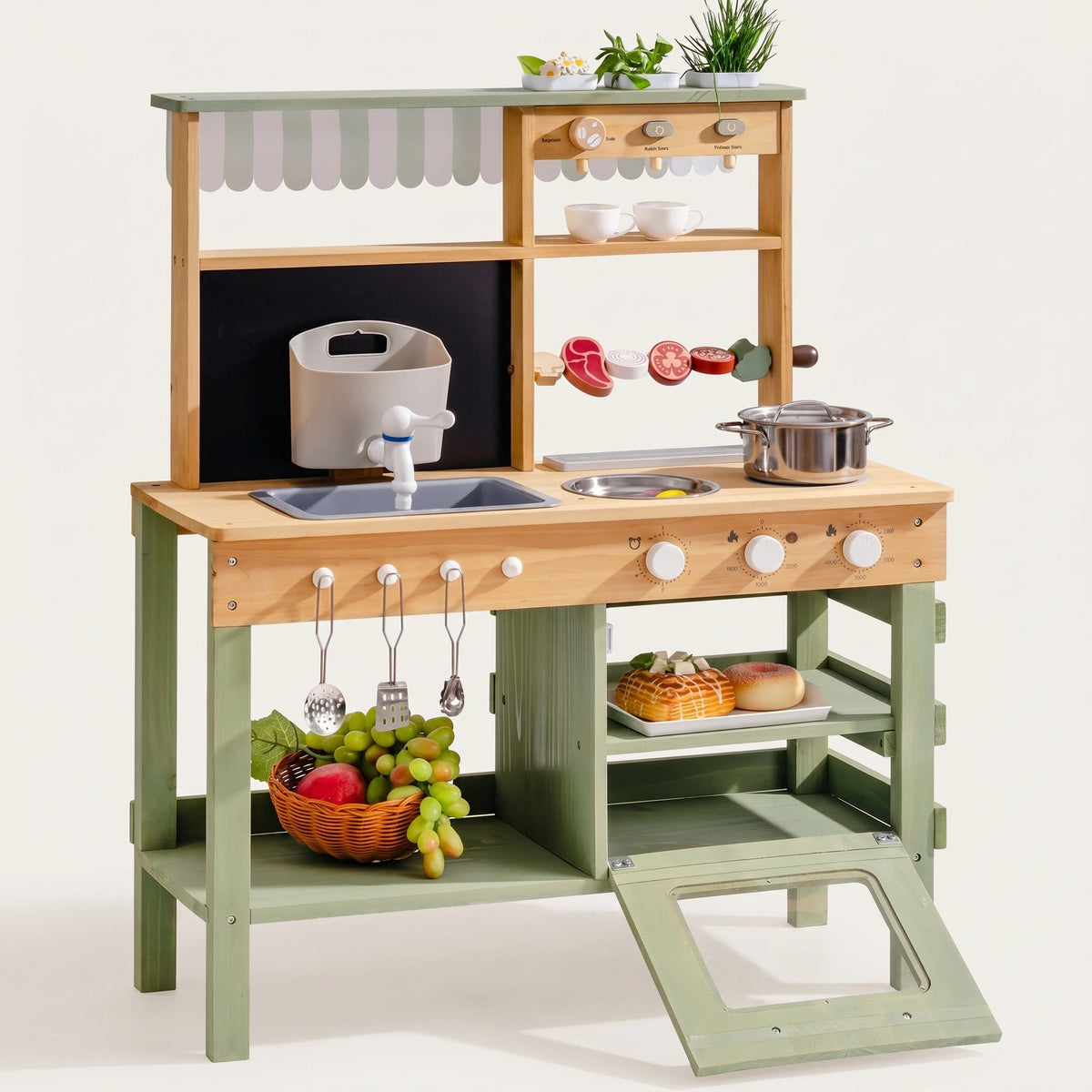 Montessori-Küche aus Holz mit Spüle, Backofen und Zubehör