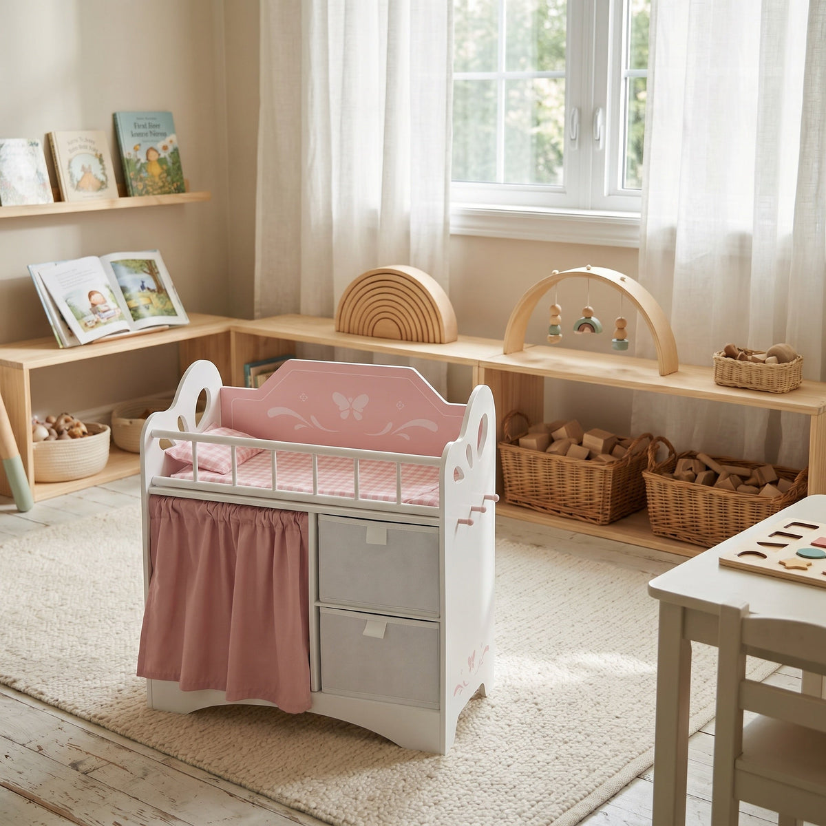 Montessori-Puppenbett mit Stauraum und Kleiderschrank
