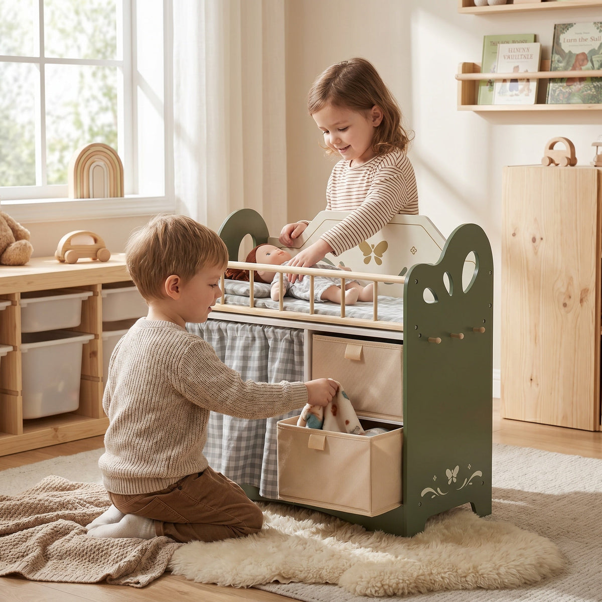 Montessori-Puppenbett mit Stauraum und Kleiderschrank