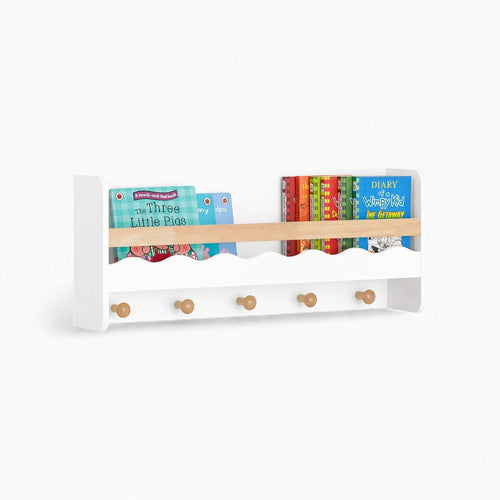 Kinder-Wandregal aus weißem Holz mit Haken