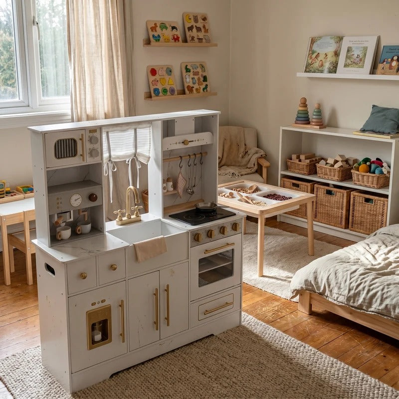 Montessori-Küche aus Holz mit Spülbecken und Stauraum