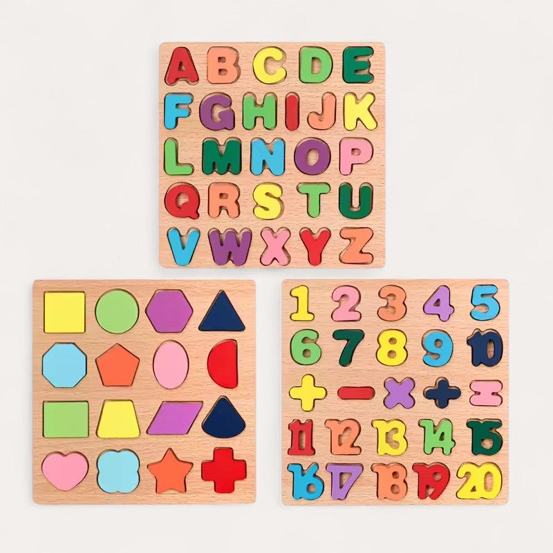 Montessori-Holzpuzzle – Buchstaben, Zahlen und Formen