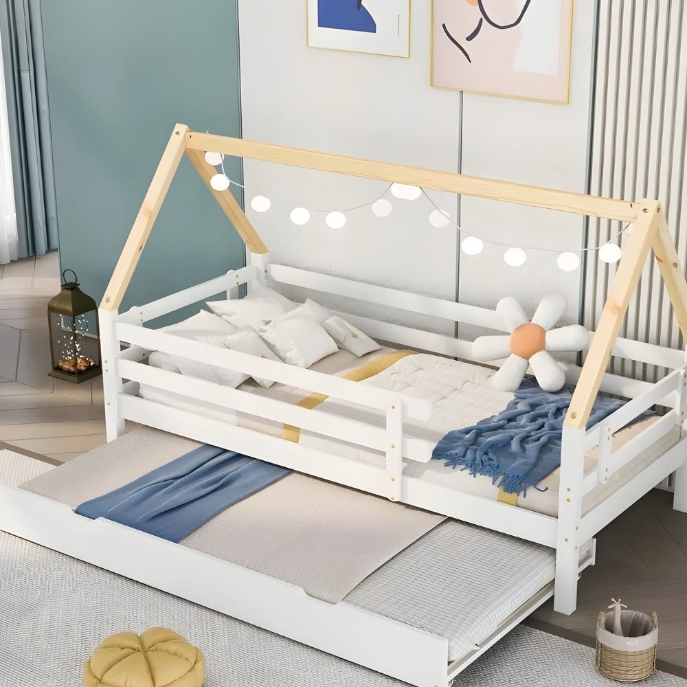 Hüttenbett mit ausziehbarem Bett weiß und natur Tilda Kids