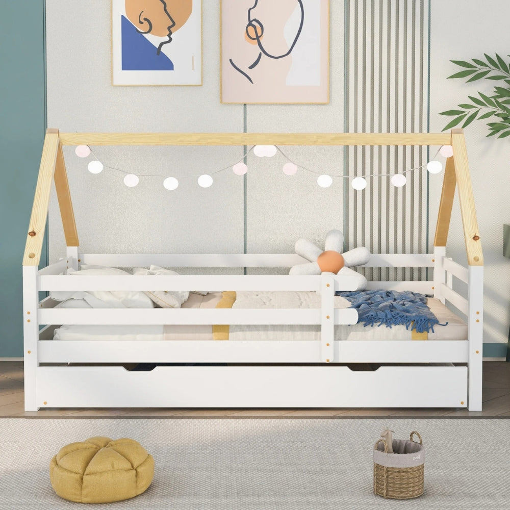 Hüttenbett mit ausziehbarem Bett weiß und natur Tilda Kids