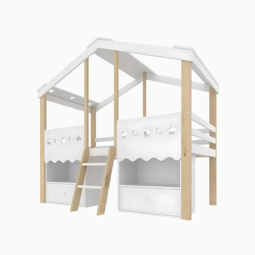 Kinderbett Hütte mit eingebautem Stauraum