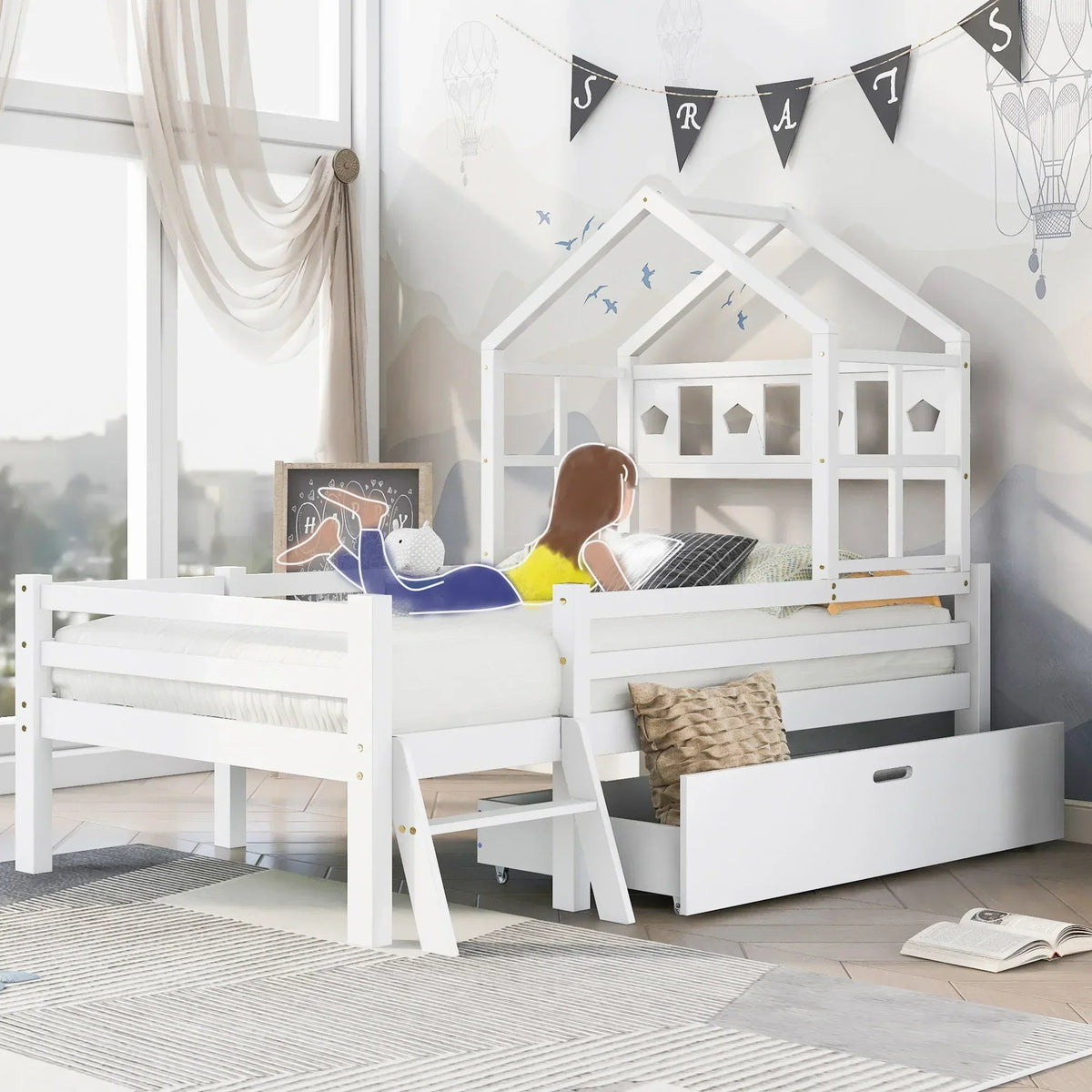 Kinderbett Hütte mit Schublade und Leiter aus massivem Kiefernholz Tilda Kids