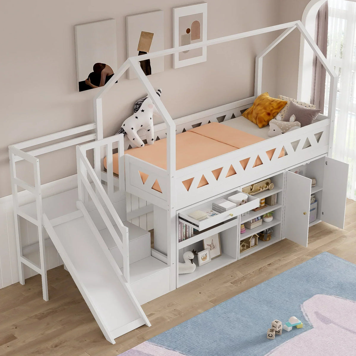 Hochbett mit Rutsche und Bücherregal Tilda Kids