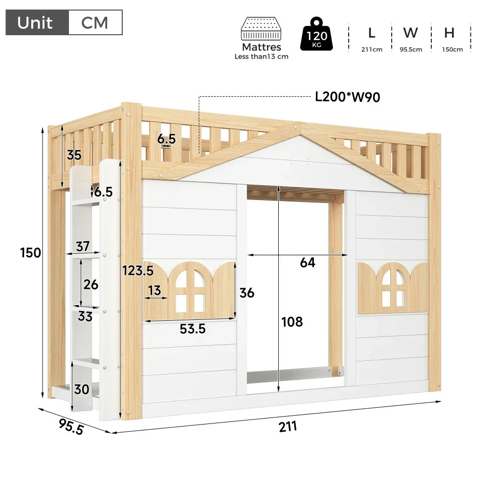 Hochbett, anpassbar, mit Fenstern 90x200 Lilla Kids