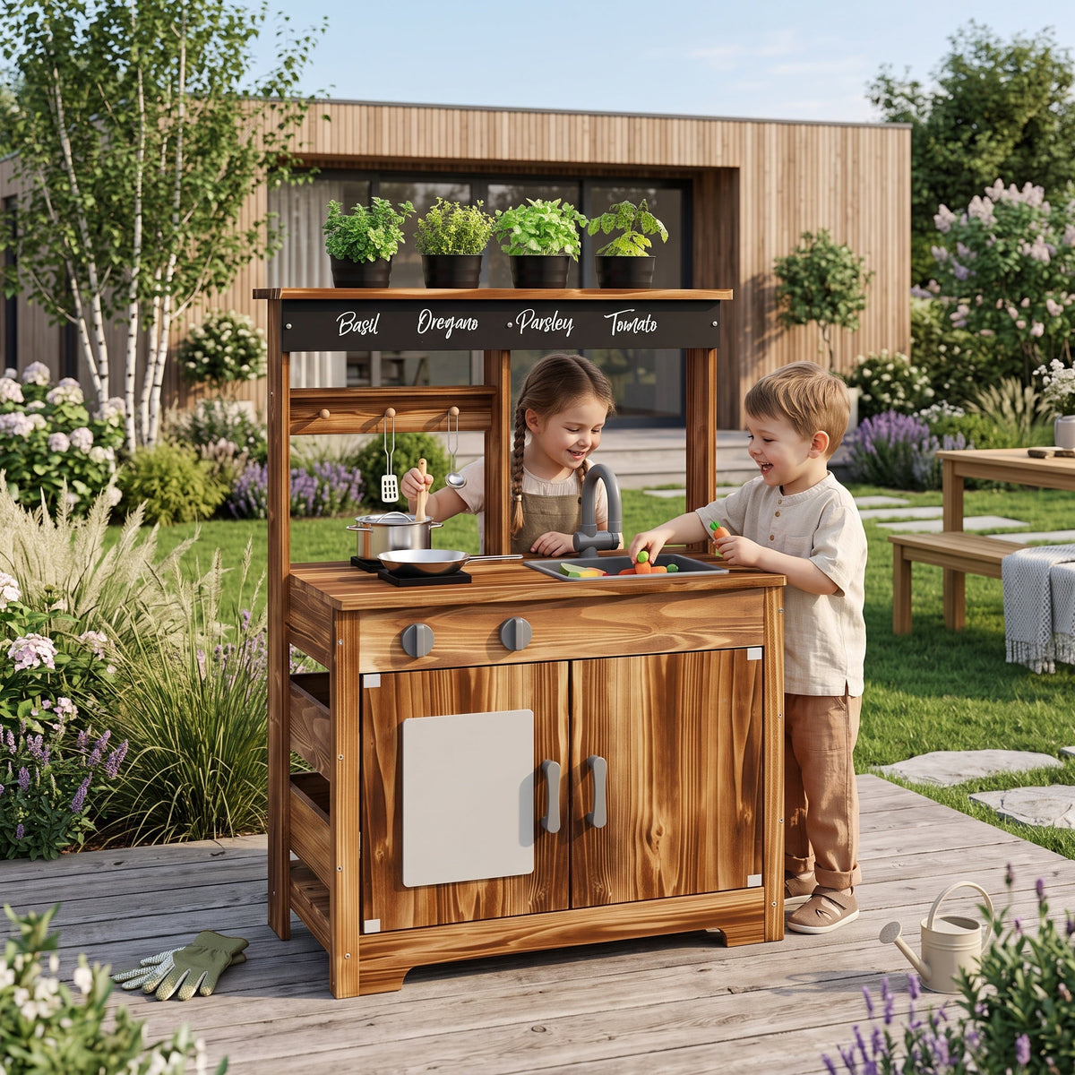 Montessori-Küche aus Holz mit Spülbecken