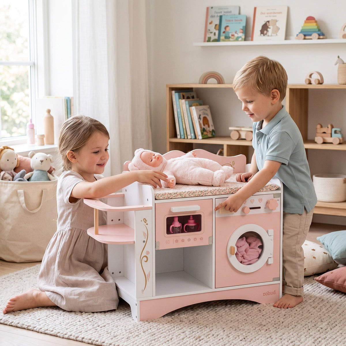 6-in-1-Wickeltisch aus Holz für Montessori-Puppenbabys