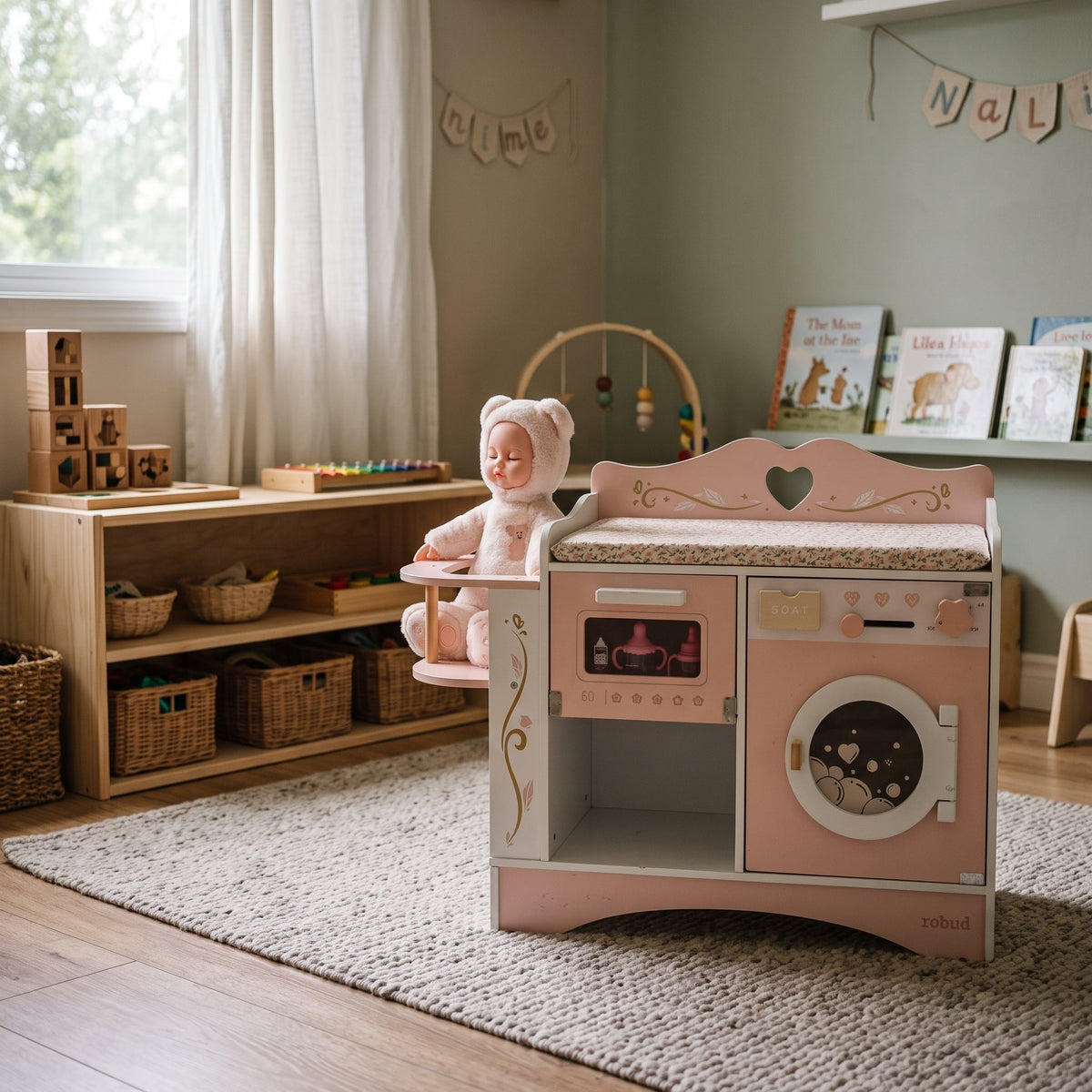 6-in-1-Wickeltisch aus Holz für Montessori-Puppenbabys
