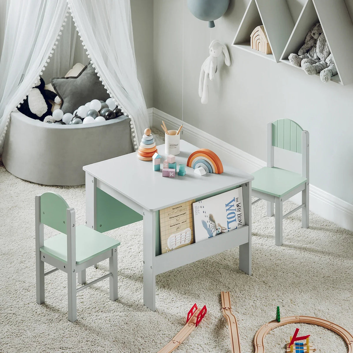 Kinder Tisch und Stühle mit grauem Stauraum Lilla Kids