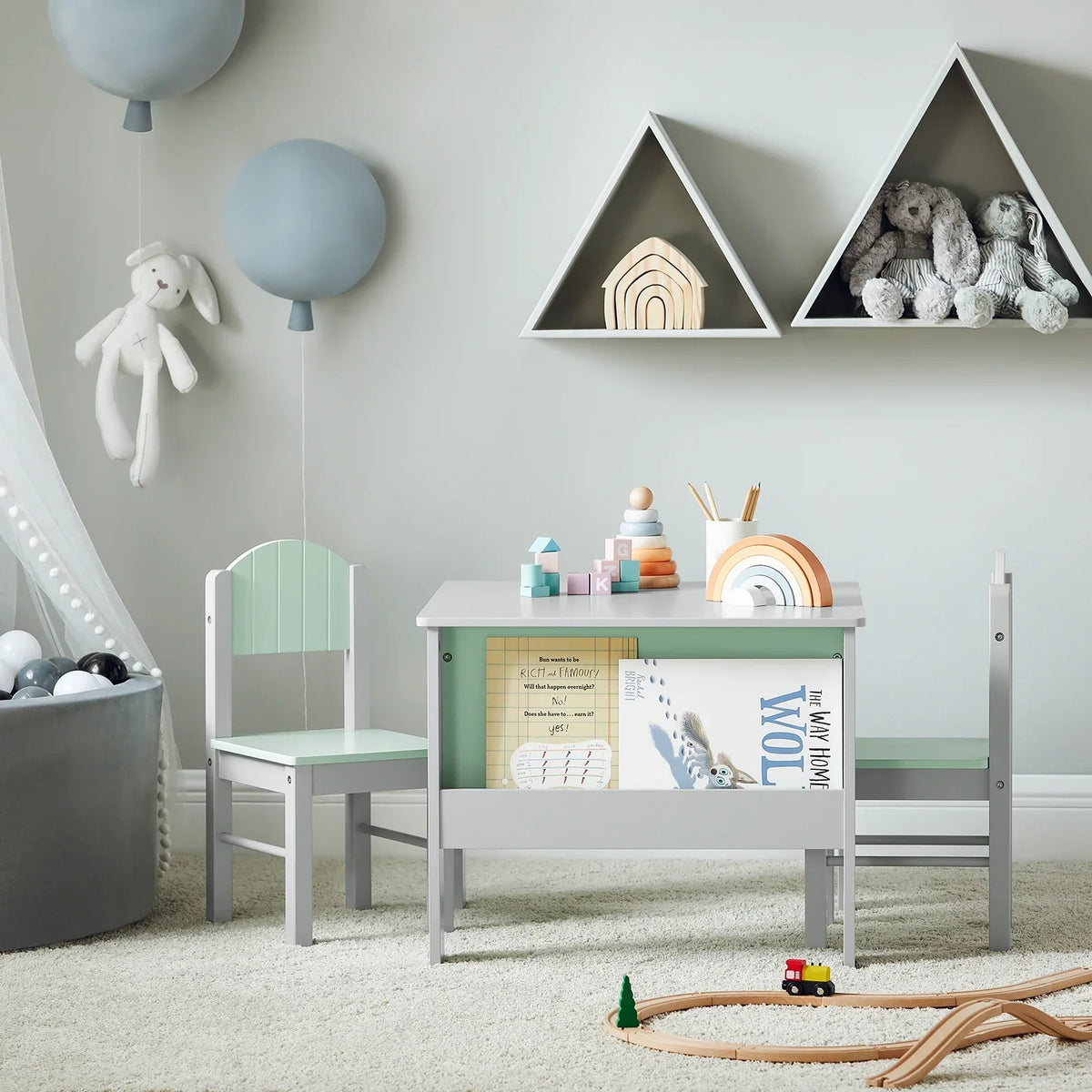 Kinder Tisch und Stühle mit grauem Stauraum Lilla Kids